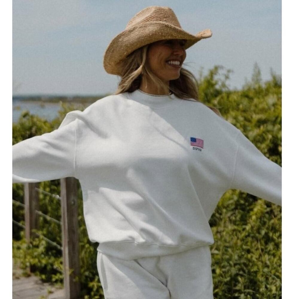 Parke American Flag Pre Shrunk Mockneck Cropped Sweatshirt White Size L / XL